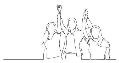Wall Mural - women team of winners holding hands - one line drawing