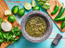 Salsa Verde In Stone Molcajete Flat Lay Composition