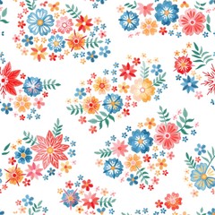Wall Mural - Embroidery seamless pattern. Colorful  summer flowers and leaves on white background. Vector illustration. Fashion design.