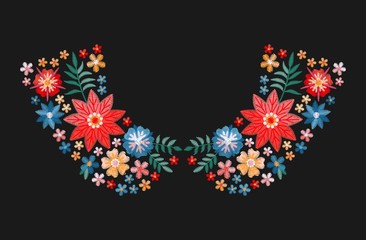 Wall Mural - Embroidery pattern with bright colorful flowers for neckline. Floral design for collars of fashion blouses and t-shirts. Vector illustration.