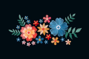 Wall Mural - Embroidery design with beautiful flowers. Colorful floral composition on black background. Satin stitch in vector.