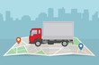 Delivery truck and map on city background. Transport services, logistics and freight of goods concept. Flat style, vector illustration. 