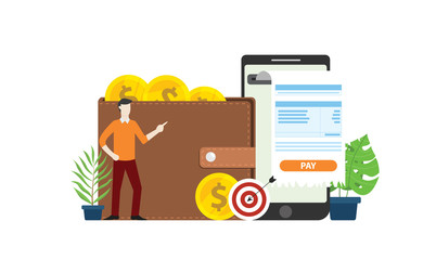 Wall Mural - mobile online payment technology with business man people with invoice and gold coin money on walley - vector