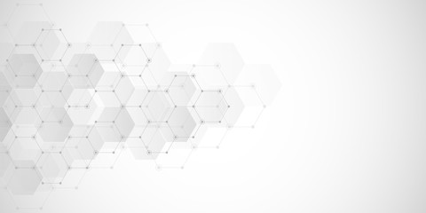 Geometric abstract background with hexagons elements. Medical background texture for modern design. Vector illustration of molecular structures and hexagons pattern. Science and Technology concept.