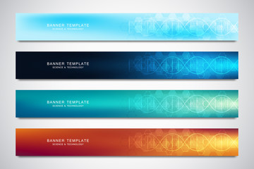 banners and headers for site with dna strand and molecular structure. genetic engineering or laborat