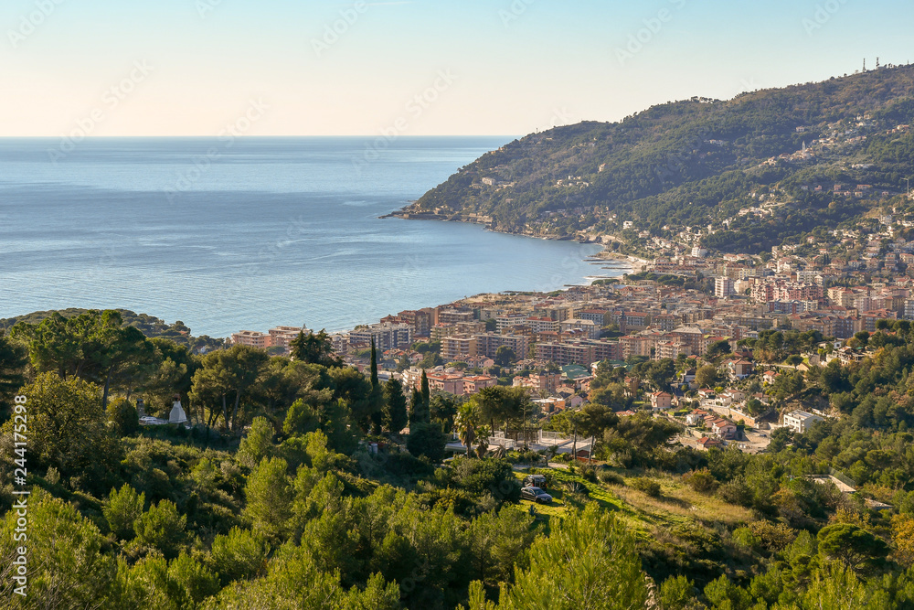 Obraz na płótnie Panoramic view from above of the coastal city of Andora with Capo Mimosa cape, Liguria, Italy w salonie