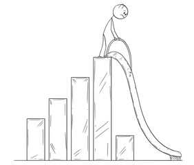 Poster - Cartoon stick man drawing conceptual illustration of businessman standing on falling financial chart ending down by slide or chute. Metaphor of crisis or bankruptcy.