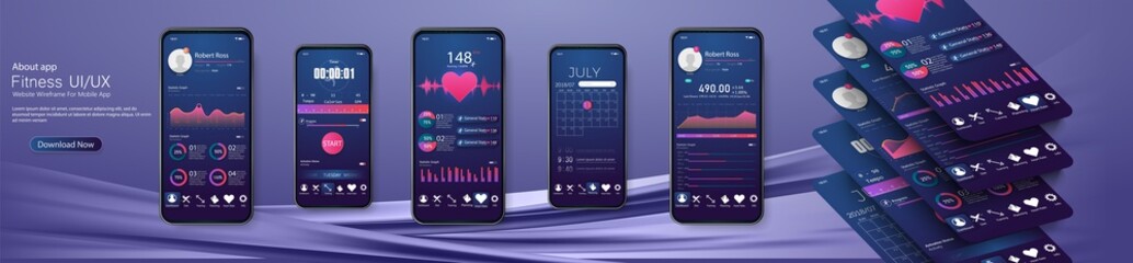 Poster - Different UI, UX, GUI screens fitness app and flat web icons for mobile apps, responsive website including. Web design and mobile template. Fitness Dashboard - stock vector