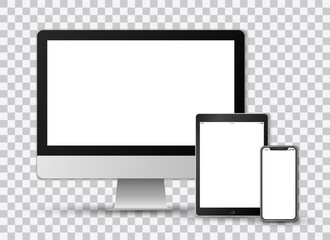 Beautiful realistic vector template set on transparent background of a modern black colored smartphone, a tablet and a computer screen with white screens.