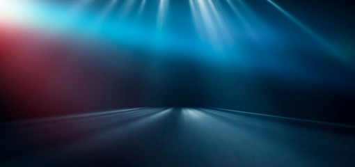 Wall Mural - abstract blue background with neon light, tunnel, corridor, red laser beams, smoke, rays, lines. pro