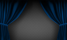 Realistic Colorful Blue Velvet Curtain Folded On A Transparent Background. Option Curtain At Home In The Cinema. Vector Illustration