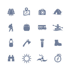 Hiking, camping, outdoor adventures icons set