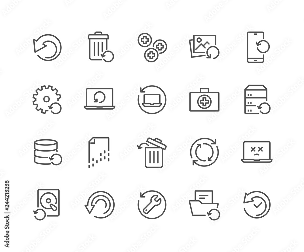 Simple Set of Recovery Related Vector Line Icons. Contains such Icons as Restore Data, Backup, Medikit and more. Editable Stroke. 48x48 Pixel Perfect. - obrazy, fototapety, plakaty 