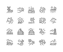 Simple Set Of Landscape Related Vector Line Icons. Contains Such Icons As Farm, Megapolis, Desert And More. Editable Stroke. 48x48 Pixel Perfect.