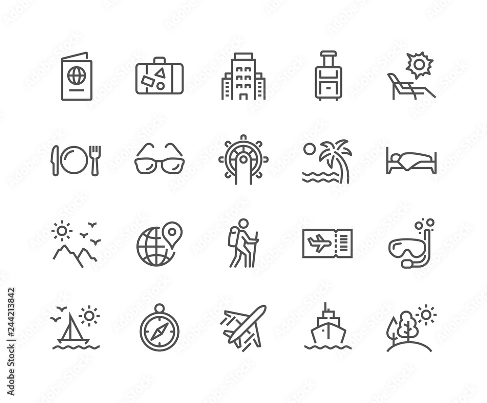 Simple Set of Travel Related Vector Line Icons. Contains such Icons as Luggage, Passport, Sunglasses and more. Editable Stroke. 48x48 Pixel Perfect. - obrazy, fototapety, plakaty 