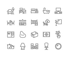 Simple Set Of Home Room Types Related Vector Line Icons. Contains Such Icons As Kitchen, Living Room, Storage System And More. Editable Stroke. 48x48 Pixel Perfect.
