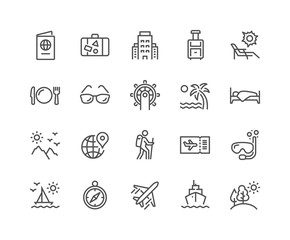 simple set of travel related vector line icons. contains such icons as luggage, passport, sunglasses