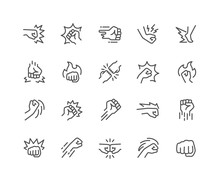 Simple Set Of Fight Related Vector Line Icons. Contains Such Icons As Fist Bump, Hit, Strike And More. Editable Stroke. 48x48 Pixel Perfect.