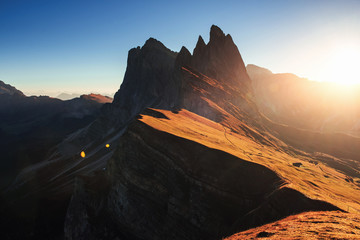 Wall Mural - Gorgeous nature. Beautiful sunset in the Italian majestic Seceda dolomite mountains