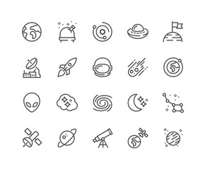 Simple Set of Space Related Vector Line Icons. Contains such Icons as Observatory, Planet Earth, Alien and more. Editable Stroke. 48x48 Pixel Perfect.