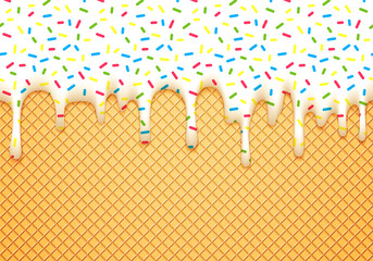 Ice Cream Cone Illustration with Dripping White Glaze and Wafer Texture. Abstract Food Background. Seamless Pattern.