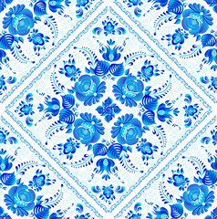 Wall Mural - Blue painted flowers on square ceramic tiles vector seamless pattern