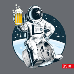 astronaut sits on a beer keg and holds a beer mug. comic style vector illustration.
