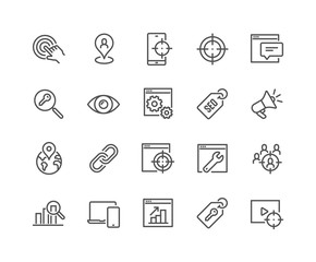 simple set of seo related vector line icons. contains such icons as target, watch list, website stat