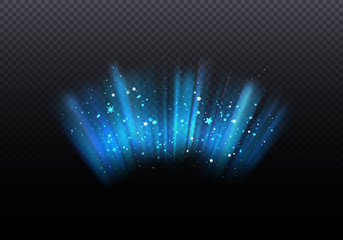 Leinwandbilder - Blue Rays Rising on Dark Background. Transparent Shiny Burst with Stars. Vector Illustration