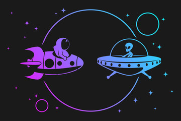 Wall Mural - astronaut in space with ufo illustration