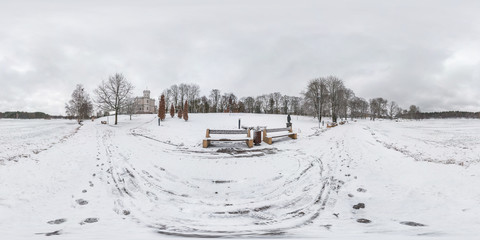 Winter full seamless spherical panorama 360 degrees angle view on park benches in front of the lake on road with gray pale sky in equirectangular projection. VR AR content