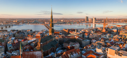 Wall Mural - Aerial winter sunset over Riga old town and river Daugava in Latvia.
