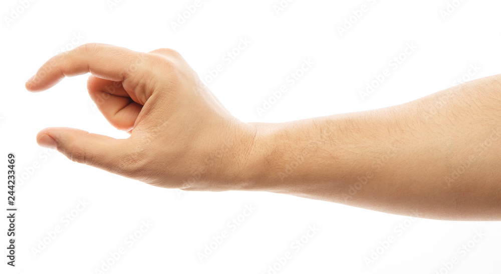 Man hand's measuring invisible item. A person's hand holds an invisible ...