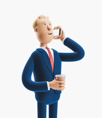 3d illustration. Businessman talking on the phone and holding coffee