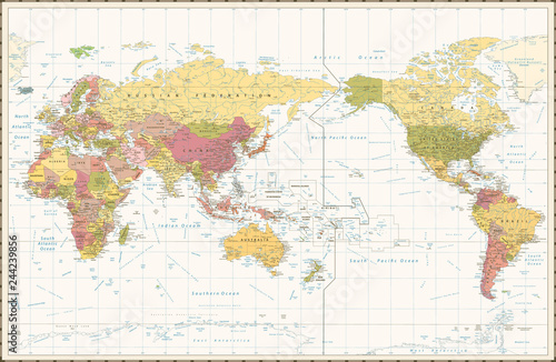 Tela World Map Retro Color Pacific Centred