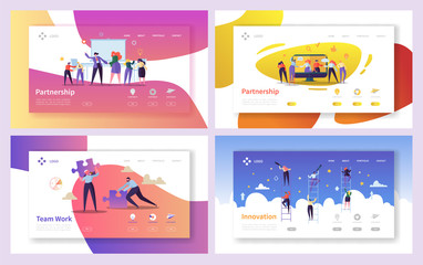 Wall Mural - business people teamwork innovation landing page set. creative character team partnership to increas