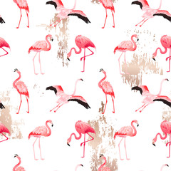 Tropical Flamingo seamless vector summer pattern with golden stains. Bird background for wallpapers, web page, texture, textile