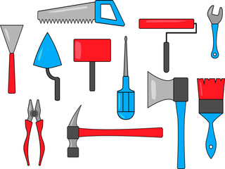 Set of multicolored tool icons. Saw, screwdriver, trowel, hammer, adjustable wrench, paintbrush, sledgehammer, ax, pliers, roller, trowel