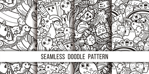 Collection of funny doodle monsters seamless pattern for prints, designs and coloring books