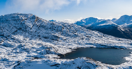 Wall Mural - Greenland nature mountain landscape aerial drone photo showing amazing greenland landscape near Nuuk of Nuup Kangerlua fjord seen from Ukkusissat mountain. Tourist adventure travel destination