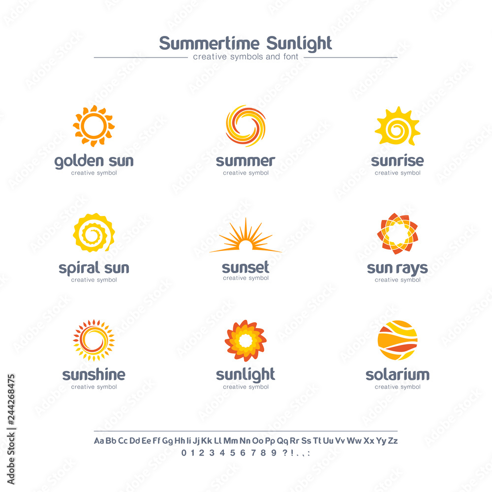 Summertime sunlight creative symbols set, font concept. Spiral sun rays, solarium abstract business logo. Summer sunrise, gold star icon. - obrazy, fototapety, plakaty 