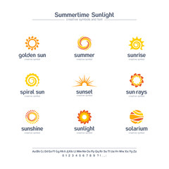 Summertime sunlight creative symbols set, font concept. Spiral sun rays, solarium abstract business logo. Summer sunrise, gold star icon.