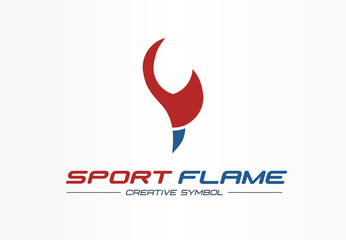 Wall Mural - Sport flame creative symbol concept. Energy award fire in torch shape abstract business fitness logo. Activity or flash training, trophy power icon.