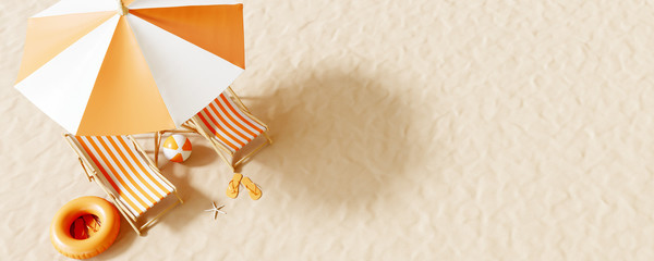 Wall Mural - Top view Beach umbrella with chairs and beach accessories on the sand background. summer vacation concept. 3d rendering