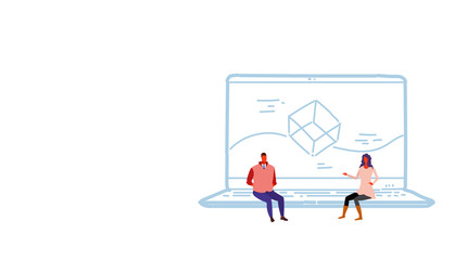 business couple sitting laptop computer app development concept screen interface application design male female developers brainstorming sketch doodle horizontal vector illustration