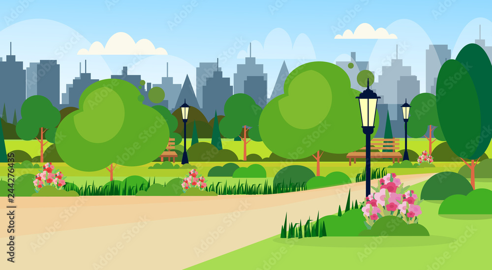 landscape of city public summer park scene wooden bench street lamp ...