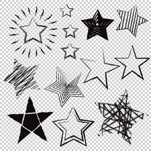 Hand Drawn Stars On Transparent Background. Vector Illustration.