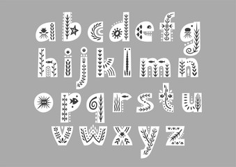 Wall Mural - Vector white lowercase alphabet decorated with undersea black patterns