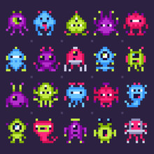 Pixel Space Monsters. Arcade Video Games Robots, Retro Game Invaders Pixel Art Isolated Vector Set