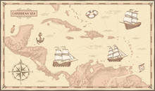 Old Caribbean Sea Map. Ancient Pirate Routes, Fantasy Sea Pirates Ships And Vintage Pirate Maps Vector Concept Illustration
